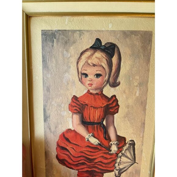 Vintage 1960s Big-Eye Girl "Bloomer Girl" by Maio Framed Lithograph Print MCM - Picture 2 of 4